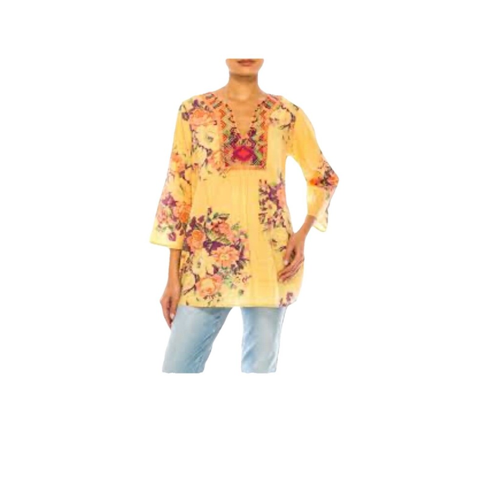 Vintage Goa NWT Blouse Size M Yellow Floral Boho Embroidered